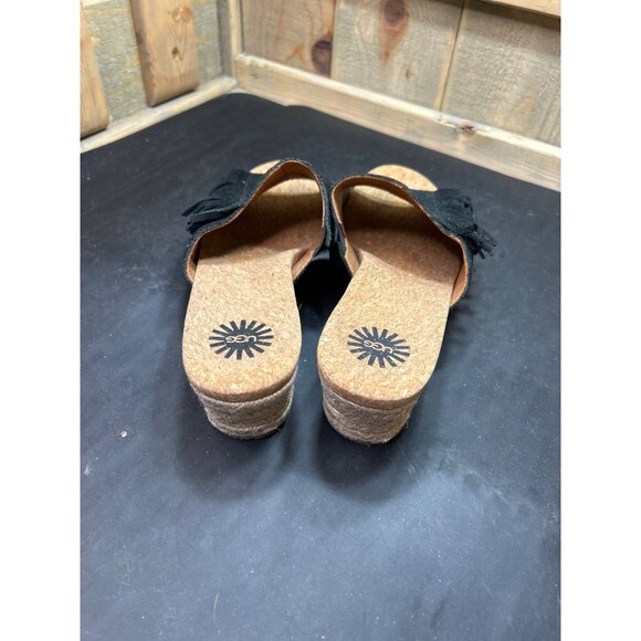 Ugg Womens Black Suede Fringe Cork Wedge Sandals Size 7 - Picture 5 of 9